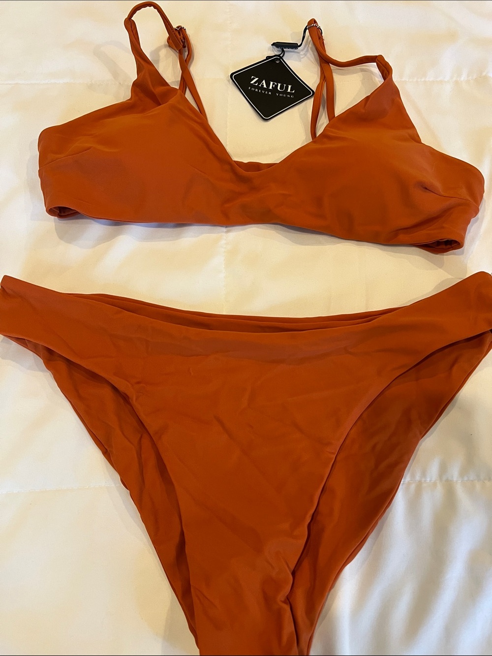 Zaful Rust Orange V-Neck Bikini Top with High-Cut Bottoms